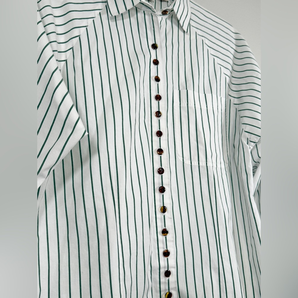 Picket and Post Shirt Button Down Green Stripe Brown Button Christmas Women 12 - Picture 2 of 6